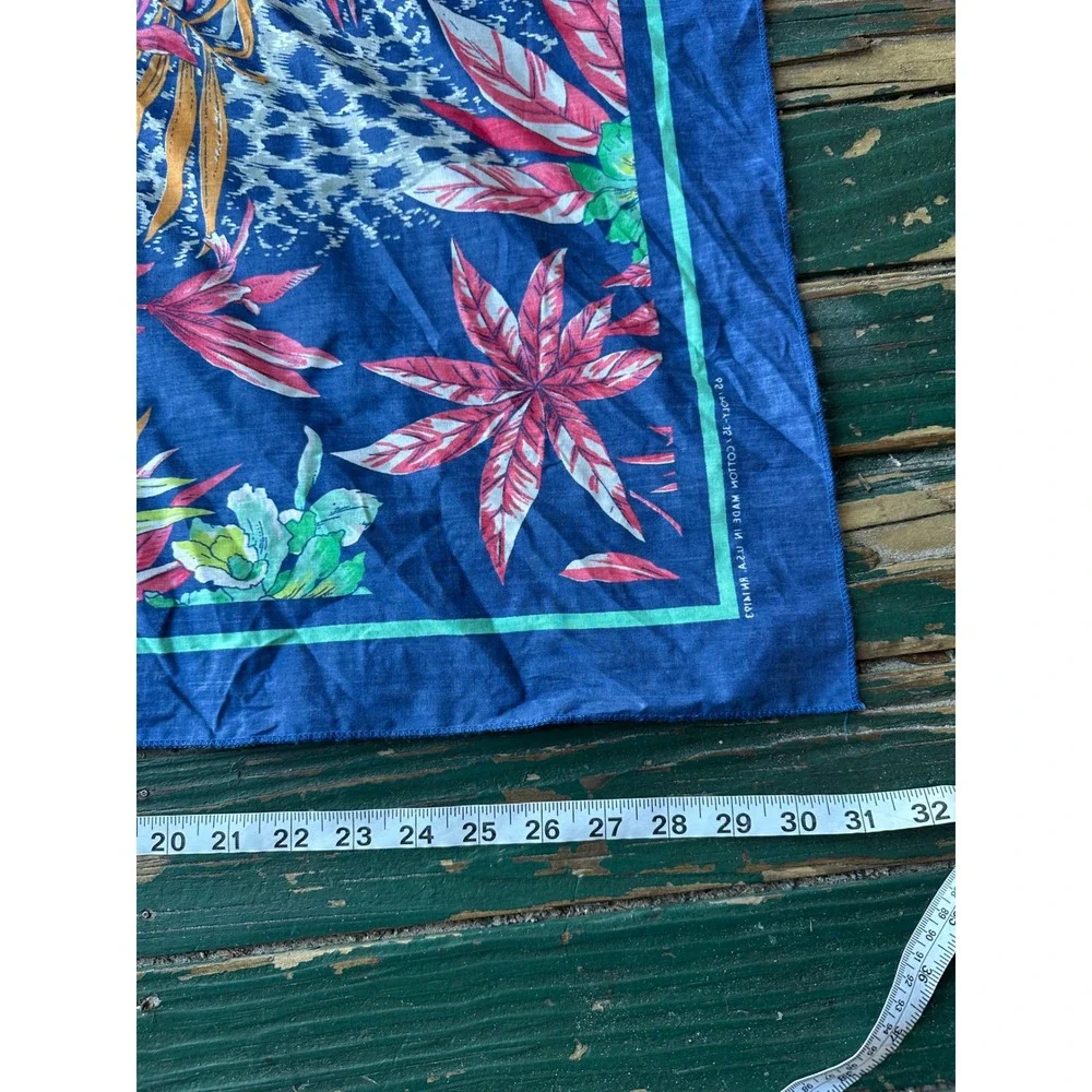 Vintage Tropical Floral Leopard Print Scarf Blue Pink Made in USA RN14193